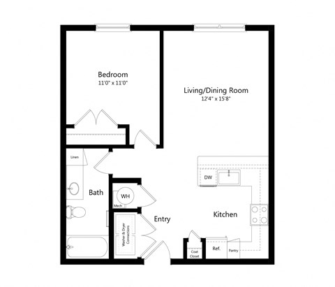 Floor plan for 1 bed, 1 bath, 636 sqft